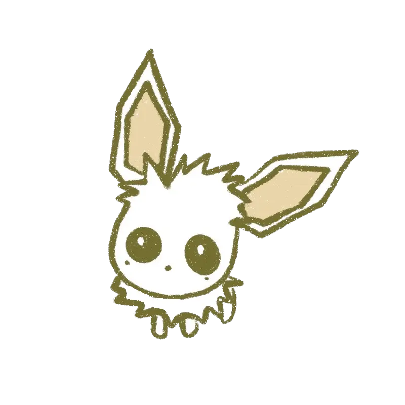 A drawing of the Pokémon Eevee, lovingly made by my wife. A fuzzball head that's large compared to small legs and a fuzzy collar along with 2 pointy ears